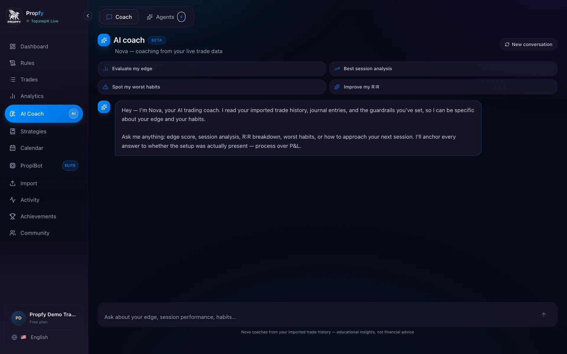 Propfy AI Coach conversation screen